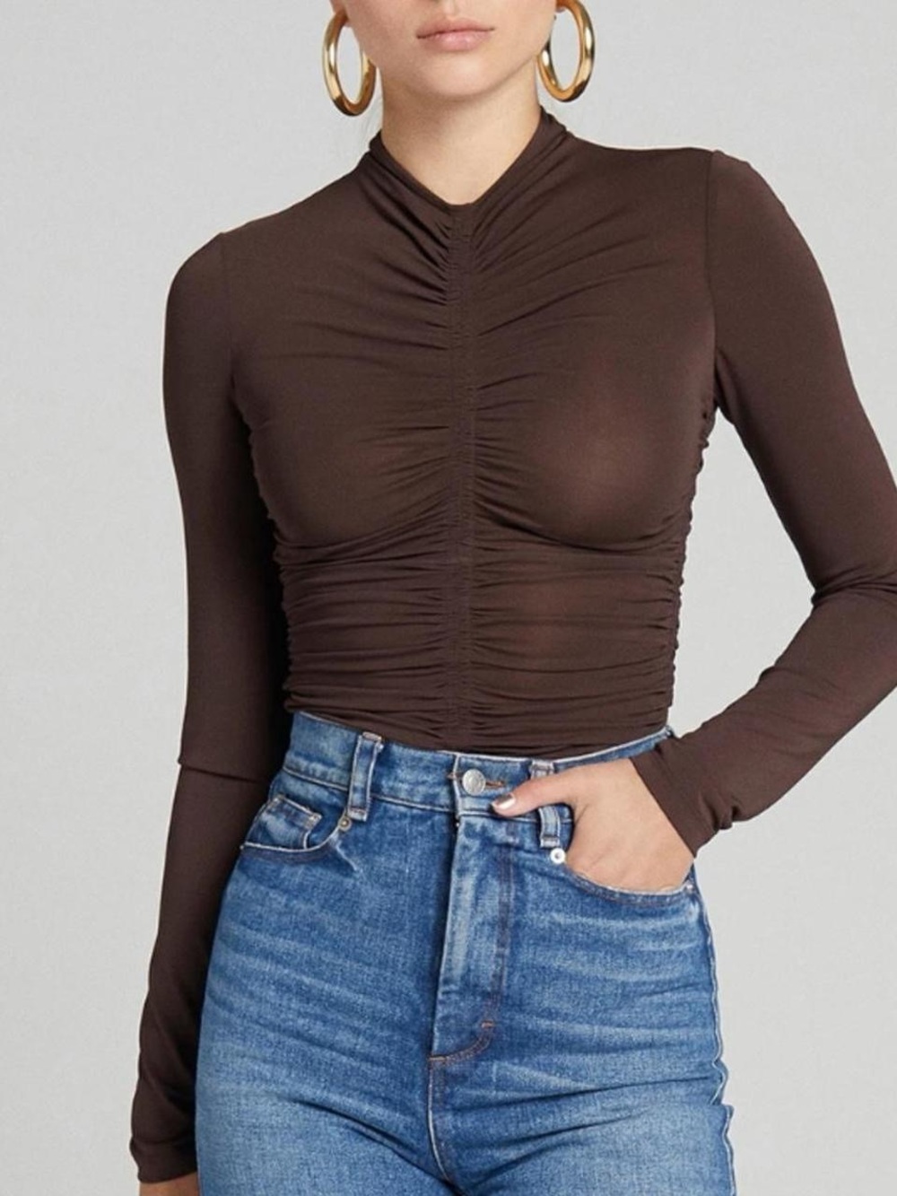 A.L.C. Ruched Long-Sleeve Crop Top in Chocolate Brown